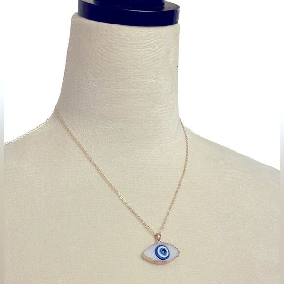 Evil Eye Bohemian Turkish Pendant Necklace w/ Gold Clavicle Chain *New* - Picture 3 of 11